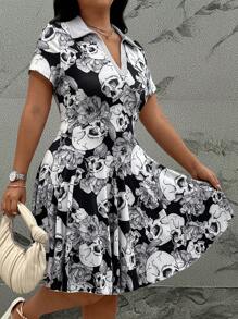 Calvaya Vestido casual de manga corta, cuello de polo a rayas, talla grande
