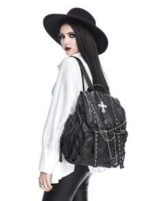 ROMWE Grunge Punk Balo phong cách Goth Unisex có mặt thánh giá, sức chứa lớn, Balo đinh tán Punk cổ điển, thích hợp đi học - màu đen - Xem 2