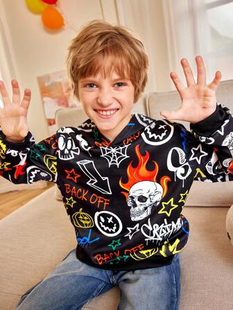 Sweat-shirt à capuche avec visage souriant de citrouille et de squelette pour jeune garçon lors de la fête d'Halloween