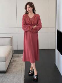 DAZY 蕾丝边甜美睡衣睡袍睡衣 - 紅色 - 查看 6