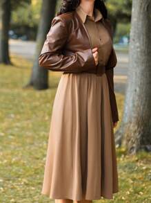 Vintamour 女式两件套复古优雅套装：领口荷叶边衬衫裙和无袖褶皱 A 字裙，搭配 PU 皮夹克和腰带，适合休闲通勤和度假 秋装 复古秋季女装 秋季女装 秋季夹克 秋季套装 秋季女装 皮革女式夹克 秋季服装 秋季服装 秋季婚礼宾客礼服 冬季女装 长袖女士 女士套装 冬装 圣诞礼服 办公室服装 女士套装 棕色夹克 - 棕色 - 查看 3