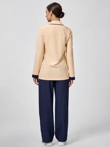 TaskEZ 2pcs Professional Turndown Collar Long Sleeve Single-Breasted Jacket And Pants Set - Navy Blue - View 2