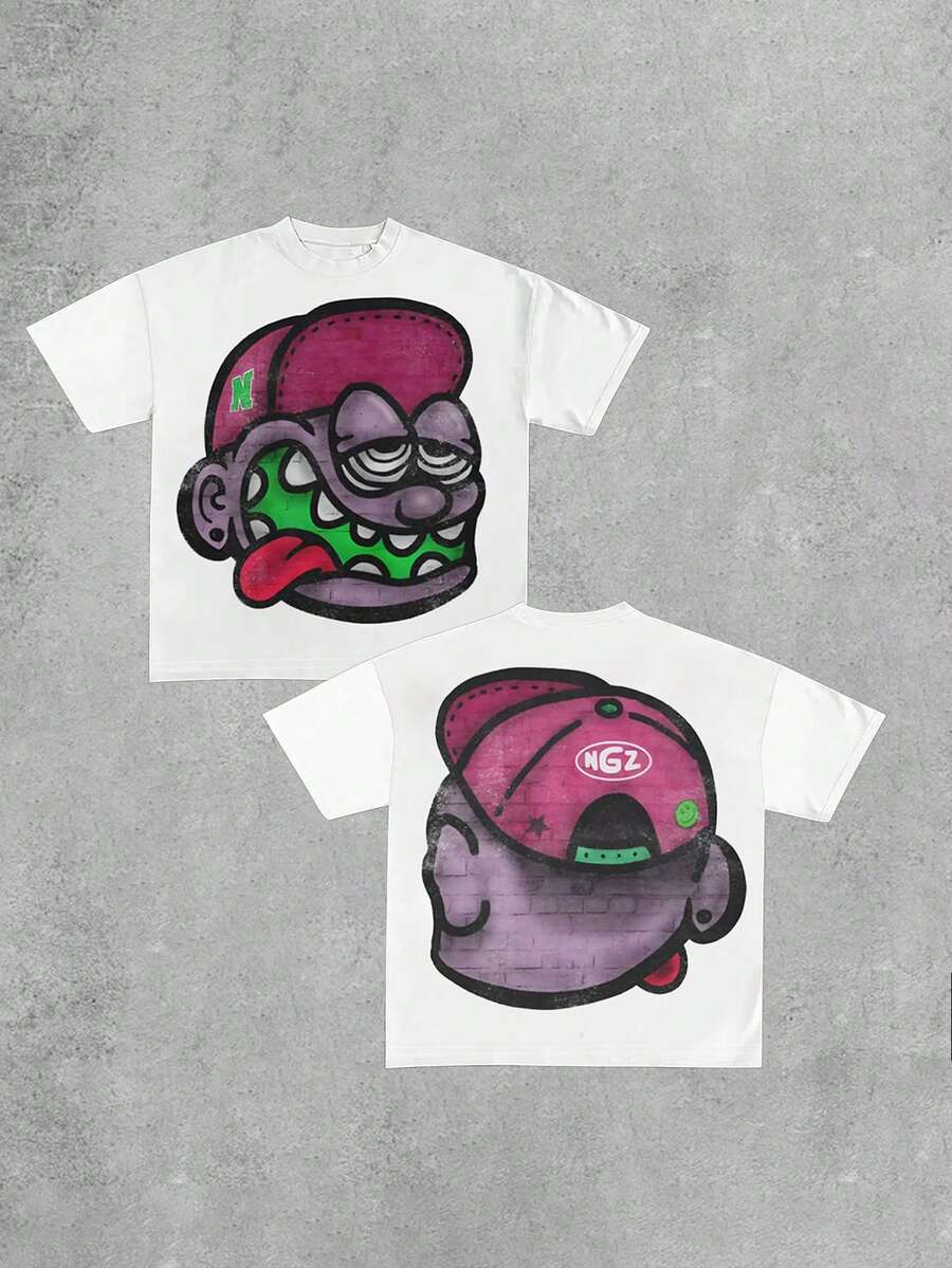 潮流街头时尚奇特卡通图案印花女式短袖 T 恤