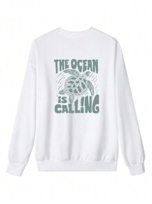 Women's Autumn And Winter Turtle And Slogan Graphic Long Sleeved Crew Neck Sweatshirt ,Casual Loose And Versatile Holiday Style Tops,Fashionable Fall Women Clothes Suitable For Daily Wear - White - View 2