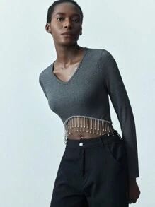 Maija Women Grey Solid Round Neck Long Sleeve Fringed Bottom Casual T-Shirt For Autumn/Winter Leisure/Vacation