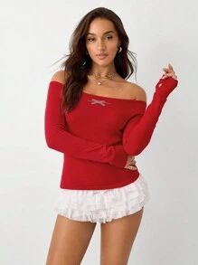 Flirla 1 pieza Jersey ajustado de manga larga con hombros descubiertos, decoración de mariposa de rhinestone para mujer, de moda para fiesta de Navidad, otoño/invierno, minimalista