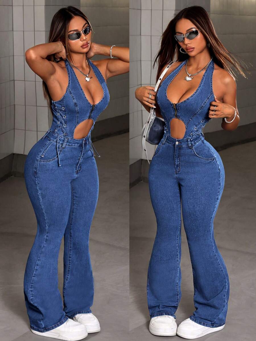 SHEIN ICON Bộ đồ liền thân denim loe khoét hở gợi cảm mùa hè dành cho nữ có chi tiết buộc dây - Màu xanh lam - Xem 1