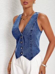 SHEIN Essnce Women's Casual Denim Vest Jacket, Spring Summer - Medium Wash - View 3