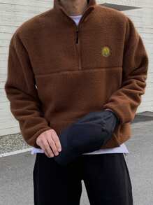 DAZY Sudadera con capucha de manga larga mullida con cremallera y parche de unicolor para hombre, otoño e invierno