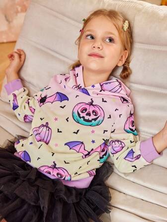 Sweat-shirt à capuche pour jeunes filles avec imprimé citrouille ombré coloré, convient pour Halloween