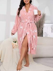 Snug Zone Plus Size Long Sleeve Belted Fleece Robe, Casual Everyday Wear, For Fall Winter, Cozy Outfit, Fluffy - Pink - View 4