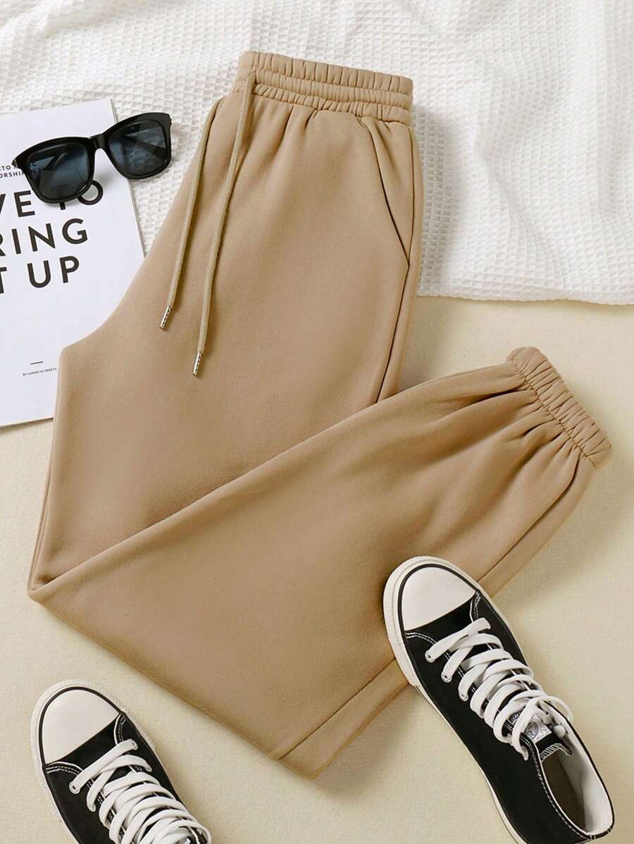 INAWLY 女士纯色简约抽绳运动裤 - 駝色 - 查看 1