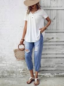 SHEIN LUNE 女士破洞口袋锥形休闲百搭牛仔裤 - 藍色 - 查看 4