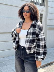 SHEIN EZwear Plus Size Women Plaid Printed Long Sleeve Fluffy Hooded Casual Jacket, Fall & Winter