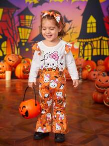 Baby Girl Cartoon Print Round Neck Long Sleeve Top And Pants Casual Set, Spring Summer - Orange - View 3