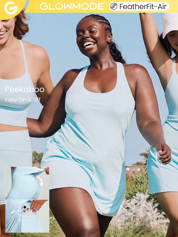 FeatherFit™-Air Peekaboo Everyday Built-In Shorts Pocket Anti-Slip Dress Light Support Low Impact Yoga Pilates Studio Spring Dress Summer Quick Dry Moisture Wicking