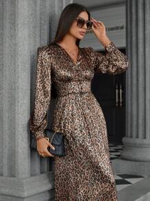 Aveloria Modichic Váy hoa tay dài xếp lớp họa tiết da báo ngẫu nhiên cổ chữ V gợi cảm phong cách Châu Âu và Mỹ, váy thường ngày cho phụ nữ mùa thu - Nhiều màu - Xem 1