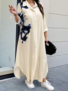 Breezaya Random Print Plus Size Long Sleeve Dress Maxi Women Outfit Fall Cloth For Women - Apricot - View 4