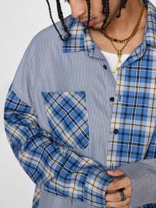 Manfinity VCAY 男式宽松条纹格子图案长袖梭织衬衫 - 黑色 - 查看 2