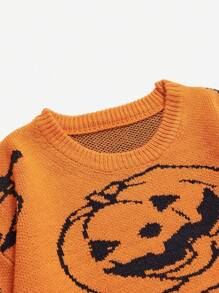 SHEIN Unity Women Halloween Pumpkin Pattern Orange Sweater, Knit Pullover Fall Winter - Orange - View 4