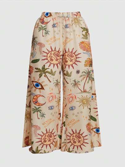 Hippie Pantalones talla grande con diseño de sol, luna, estrellas y cielo para mujeres