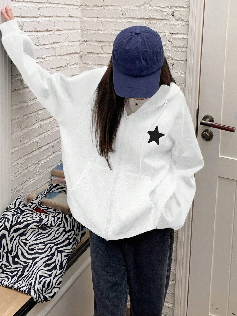 DAZY Women's Autumn/Winter Pentagram Print Zip-Front Drawstring Hooded Casual Sweatshirt - White - View 1