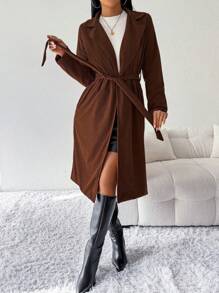 Chiquease Damen lange Jacke mit Polokragen, einfarbig, Langarm, Lässig, Herbst Winter