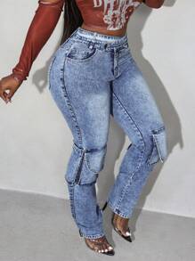 Slaydiva Front Button Simple Multi-Pocket Casual Denim Jeans