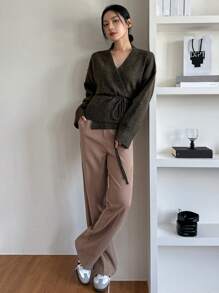 Dazy-Less Women's Casual Drawstring Tie Cardigan Business Casual Woman - Dark Green - View 2