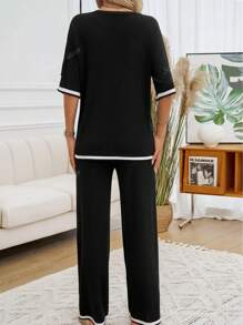 2pcs/Set Contrast Color Trim Round Neck Mid-Long Sleeve Pocket Casual Sweater And Pants Set
