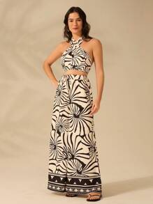 CAJUNI Women's Boho Print, Shell Print, Cross Neckline Halter Tank Top, Summer Casual Beach Holiday Short Tank Top