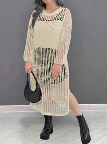 SHEIN LUNE 大码女式纯色镂空长袖毛衣连衣裙 - 米色 - 查看 5
