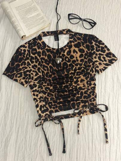 Elamini 女士豹纹圆领短袖系带T恤 猎豹印花T恤 女士上衣