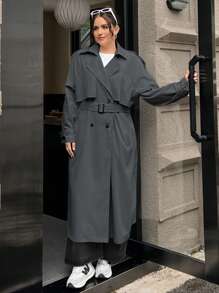 CovetEZ Plus Size Long Khaki Color Trench Coat, Early Autumn - Dark Grey - View 6