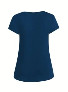 Linhara Plus Size V-Neck Short Sleeve Solid Color Simple Casual Loose Comfortable T-Shirt - Blue - View 6