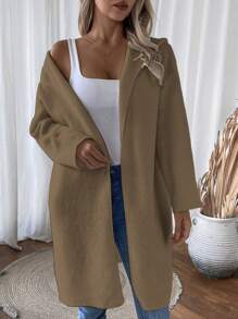 SHEIN LUNE 休闲字母图案长款连帽开衫，秋冬季针织套头衫 - 卡其色 - 查看 5