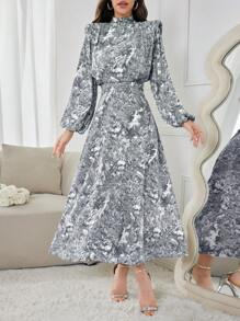 Modelyn Vestido largo de noche para mujer con estampado tie-dye, cuello alto y mangas farol