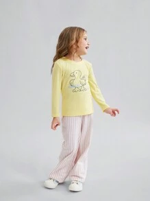 2 peças/Conjunto de Camisetas de Manga Longa de Malha com Estampa Fofa de Pato e Gato para Meninas Pequenas