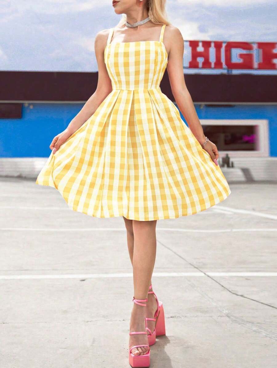 SHEIN Unity Váy suông kẻ caro dây mảnh cho nữ, mặc ngày lễ - Màu vàng - Xem 1