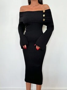 RueChic Off Shoulder With Button Detail Elegant Sweater Dress - Black - View 5