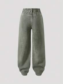 Boys' Casual Cargo Pants With Front Buttons And Multiple Pockets, Relaxed Fit - Army Green - View 2