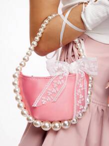SHEIN MOD Fashion Solid Color Pearl Lace Bow Decor Half-Round Handbag For Women, Cute Bow Bag For Women - Pink - View 7