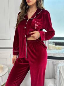 Set de pijama pufos cu mânecă lungă, bluză și pantaloni cu buzunare aplicate, garnitură contrastantă, set de casă din catifea, haine de toamnă-iarnă
