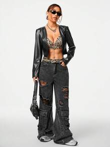 SHEIN EZwear Women's Fall Y2K Date Night  PU Leather Black Fitted V-Neck Long Sleeve Cropped Jacket