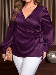 EMERY ROSE Plus Size V-Neck Long Sleeve Ruched Waist Tie Up Elegant Blouse - Purple - View 5