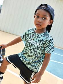 SHEIN Boys' Colorful Stripe Ombre Asymmetrical English Letter Fashion Sport Short Sleeve T-Shirt