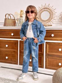 SHEIN 2pcs/Set Young Girl Fashion Distressed Denim Jacket And Jeans Casual Outfit