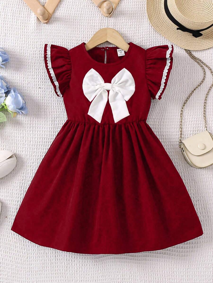 SHEIN New Arrival Young Girl Burgundy Casual Dress With White Bow, White Ruffle Trim Sleeves, Comfortable And Fashionable For School, Christmas, Back To School Season
