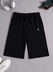 SHEIN Cottnline Cotton 2pcs Men's Simple Embroidered Horse Drawstring Waist Casual Shorts Set - Grey - View 3