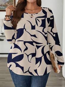 EMERY ROSE Plus Size Women Asymmetrical Color Block Print Casual Long Sleeve Round Neck Blouse, Suitable For Autumn - Multicolor - View 6
